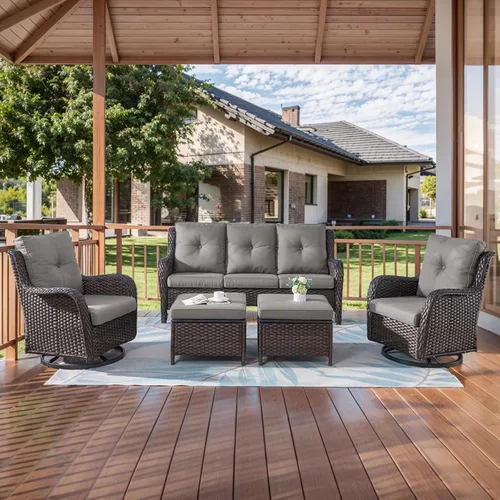 Miniatura 62 de HUMMUH Sillas Mecedoras Giratorias de Mimbre para Patio Exterior con Respaldo Alto, Sillas Deslizantes de Ratán PE, Juego de Muebles de Patio de 4