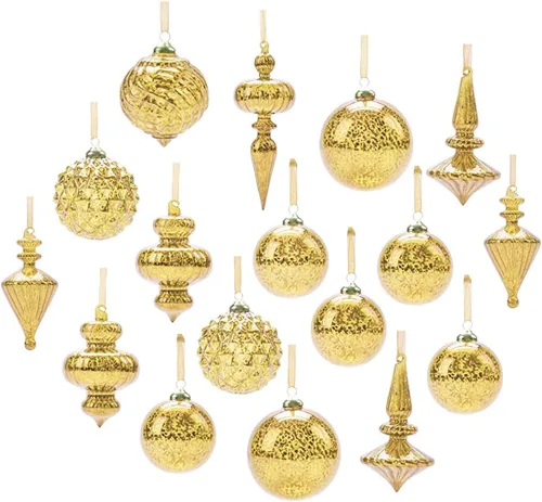 Ornamentos de bola navideña de vidrio para colgar Adornos para árboles festivos, coronas y guirnaldas de color dorado Tamaño: 2.36"-6" (17 piezas)