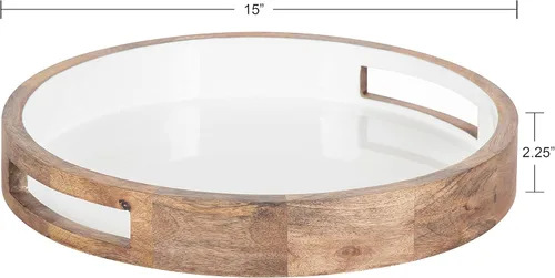 Miniatura 6 de Kate and Laurel Ehrens - Bandeja de madera bohemia, 15 pulgadas de diámetro, natural y blanco, bandeja redonda para decoración de transición