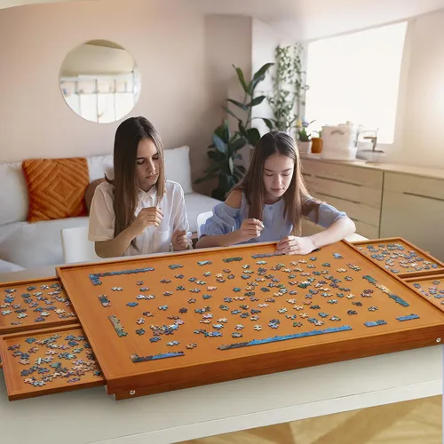 Miniatura 6 de TEAKMAMA Tablero de rompecabezas de madera de 1500 piezas con 4 cajones, mesa de rompecabezas plegable con cubierta protectora, tablero de Marrón