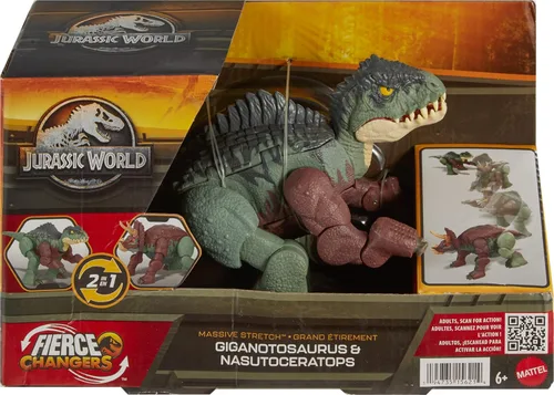 Miniatura 6 de Mattel Jurassic World Fierce Changers - Figura de acción de dinosaurio 2 en 1, juguete de estiramiento masivo que se transforma de Nasutoceratops a