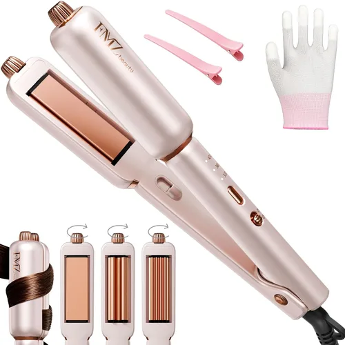 FMZ Plancha plana rosa para mujer, 4 en 1, plancha profesional iónica para alisar, rizar, rizar, doble voltaje, apagado automático, pequeño portátil