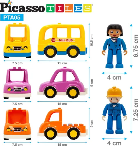 Miniatura 7 de PicassoTiles Juego de figuras magnéticas de 5 piezas para vehículos y figuras de acción, incluyendo autobús escolar, automóvil, camión y 2