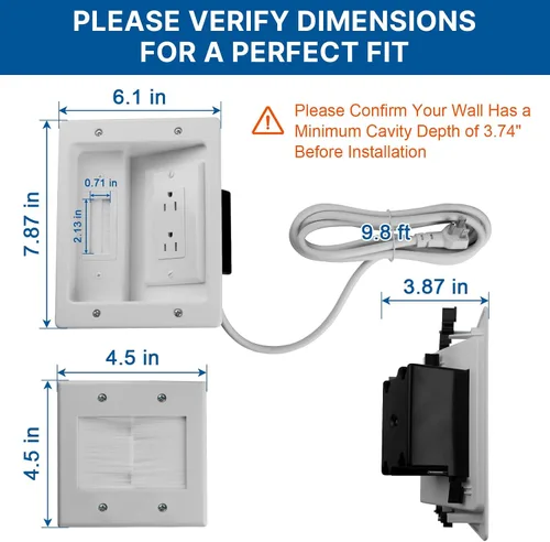 Miniatura 8 de in Kit de gestión de cables de pared con cable de extensión de alimentación de 9.8 pies, ocultador de cable de TV para televisores montados