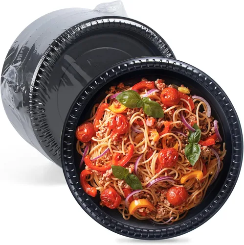 Paquete de 150 platos de plástico negro de 9 pulgadas, envoltura retráctil, listos para usar | Heavy Duty BPA Free Mineral Filled PP | Microwave &