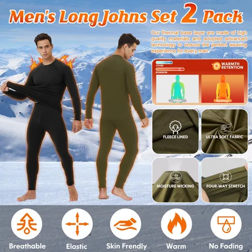 Miniatura 3 de CL convallaria 2 Pack Thermal Underwear for Men - Warm Fleece Lined Long Johns - Winter Gear Base Layer Tops & Bottoms Set