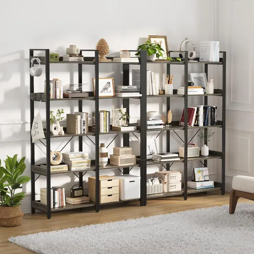 Miniatura 4 de Seventable Estantería grande de 5 niveles, estantería industrial de 63 pulgadas de alto con 4 ganchos, estantería de madera para oficina en casa