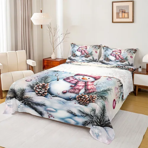 Miniatura 23 de Erosebridal Juego de ropa de cama individual con diseño de árbol de Navidad, muñeco de nieve, decoración de corona de Navidad, sábana bajera