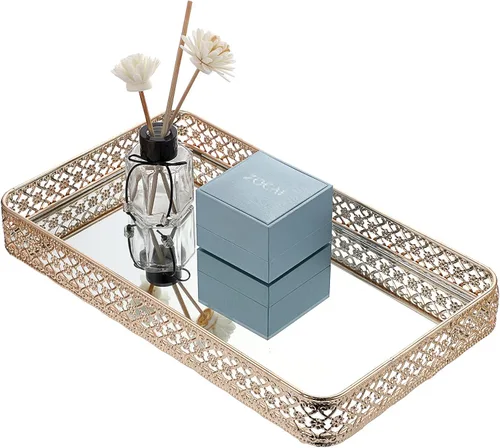 Miniatura 9 de ELLDOO Bandeja Dorada para Perfumes y Maquillaje - Almacenamiento de Joyas con Tallado Hueco, Organizador de Baratijas de Cristal y Metal para Dorado