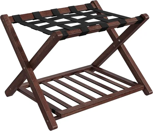 HOOBRO Portaequipajes, soporte plegable para equipaje, soporte de maleta de bambú para habitación de invitados, con estante de soporte de correa de
