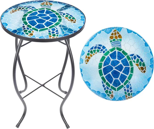 Miniatura 14 de VCUTEKA Mesa Auxiliar para Exteriores Mesa Auxiliar de Mosaico Mesa Auxiliar para Patio Mesa Auxiliar Pequeña con Tapa de Vidrio Mesa de Centro