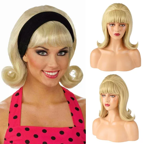 LONAI Peluca rubia retro de los años 50, 60 y 70, peluca con flequillo para mujer, colmena estilo vintage, pelo sintético para fiesta de disfraces
