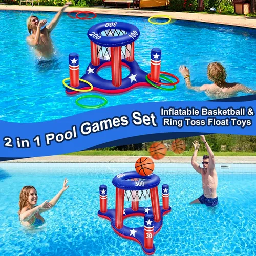 Miniatura 5 de Juguetes de piscina con la bandera estadounidense para adolescentes y adultos, 250 aniversario, aro de baloncesto flotante 2 en 1, juego