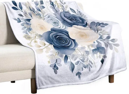 Miniatura 50 de Manta de flores de acuarela azul marino, bohemias, manta de acuarela floral con coronas de rosas y hojas de peonías, lujosa, cálida y acogedora