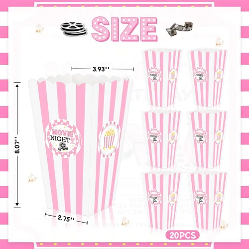 Miniatura 2 de K KUMEED 20 cajas grandes de regalo de palomitas de maíz para noche de película, 7.8 pulgadas de alto, cuencos de palomitas de maíz a rayas rosas