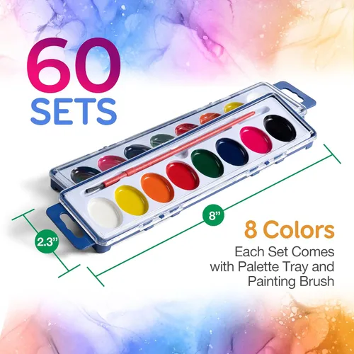 Miniatura 2 de Bedwina Juego de pintura de acuarela, a granel de 60 juegos, 8 pinturas lavables de acuarela, bandeja de paleta y pincel de pintura, para escuelas