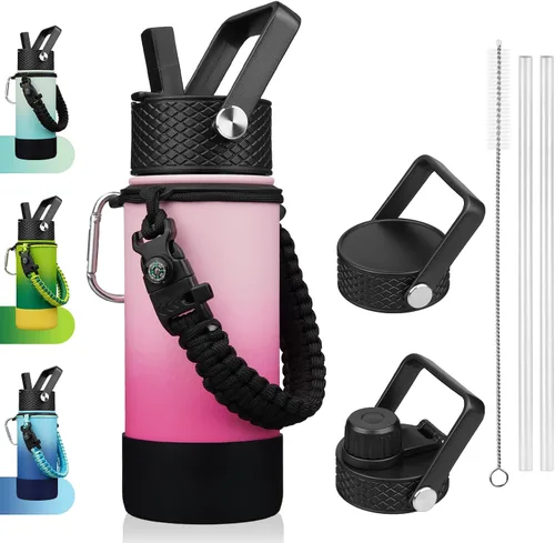 Miniatura 43 de BJPKPK - Botella de agua con tapa de popote, botellas de agua aisladas de 18 onzas con 3 tapas, asa de cuerda de paracaídas y base antideslizante