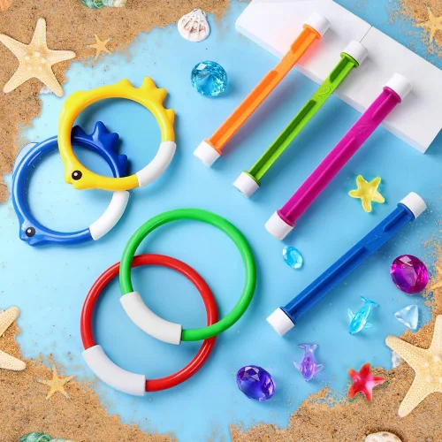 Miniatura 4 de YUJUN 18 piezas de juguetes de buceo y natación para piscina, juegos de verano subacuáticos con peces de piscina, varillas de buceo, anillos, gemas
