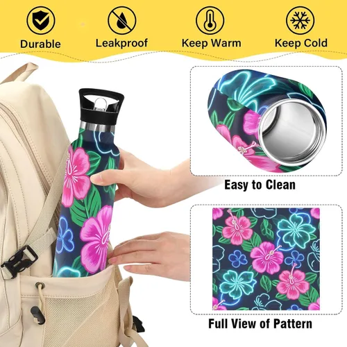 Miniatura 4 de Summer Neon Hibiscus Frangipani Flower - Botella de agua ligera con aislamiento deportivo con asa, para bebidas calientes y frías, doble pared