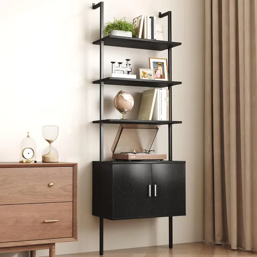 Miniatura 9 de Yusong Estantería alta de 73" con gabinete, estantería tipo escalera para montaje en pared con marco de madera y metal, estantería para plantas
