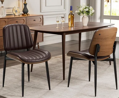 Miniatura 63 de REONEY - Juego de 4 sillas de comedor, modernas de mediados de siglo, tapizadas en piel sintética PU con respaldo de madera curvada de nogal y patas