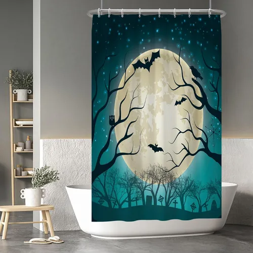 Miniatura 11 de Cortina de ducha de fantasma y gato negro para niños, 36 x 72 pulgadas, espeluznante y bonita, cortina de baño de Halloween con 6 ganchos, cortina