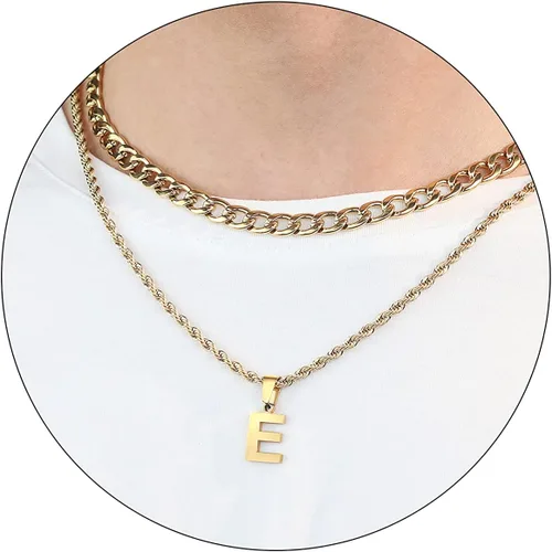 Miniatura 25 de SENRAN Collar con inicial en capas de la A a la Z para hombre, cadena de cuerda torcida de acero inoxidable de 18 a 20 pulgadas, dije de letra