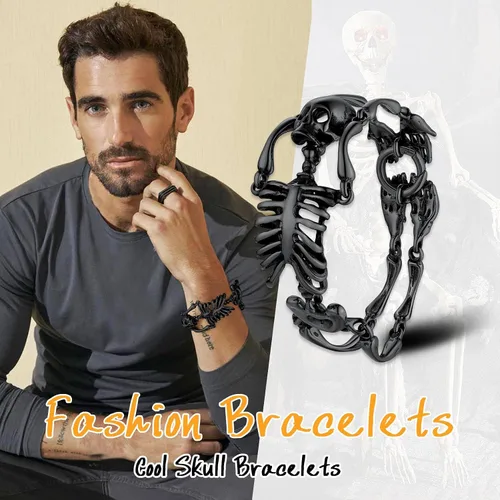 Miniatura 42 de U7 Pulseras góticas de calavera para hombres y mujeres, acero inoxidable, chapado en oro de 18 quilates, plata, negro, punk, esqueleto punk