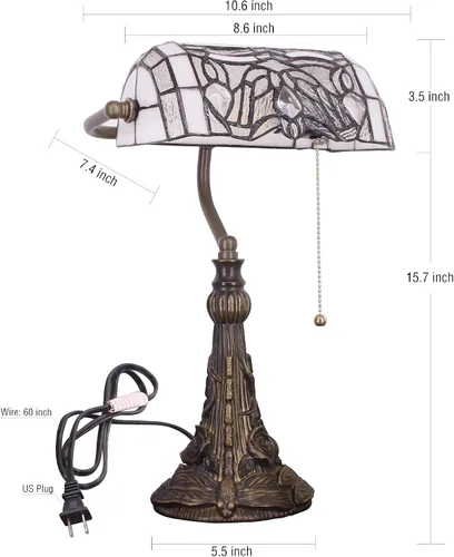 Miniatura 5 de Tiffany Banker - Lámpara de mesa pequeña con vitrales, estilo Tiffany, luz de piano, blanco, estilo curvado, lámpara de escritorio, ángulo