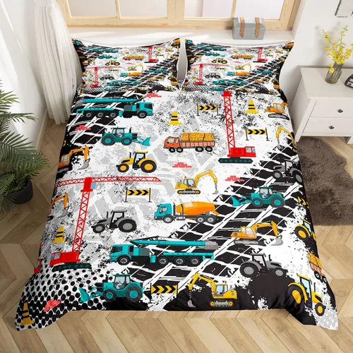 Miniatura 14 de Erosebridal Juego de funda de edredón de tren de dibujos animados para niños, color rojo y azul, funda de edredón de vehículos para niños