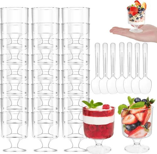 Miniatura 5 de Youeon Paquete de 50 mini vasos de postre de plástico con cucharas, taza de postre transparente de 5 onzas, tazas pequeñas para postres, aperitivos