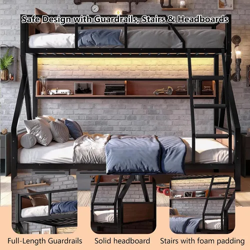 Miniatura 5 de Bellemave Litera individual XL sobre Queen con estantes, literas de metal con escaleras y luces, litera resistente para dormitorios, habitaciones
