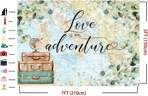 Miniatura 2 de Love is an Adventure telón de fondo para fotografía Let The Adventure Begin, fondo temático de viaje, baby shower, despedida de soltera, decoración
