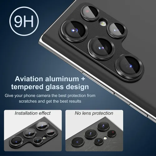 Miniatura 3 de Suoman Paquete de 2 protectores de lente para Samsung Galaxy S22 Ultra 5G, vidrio templado 9H, cubierta protectora de metal con diamante con Negro