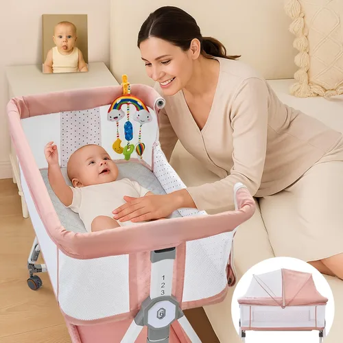 Miniatura 8 de Moisés 4 en 1 para Bebé Durmiente de Cabecera, Moisés de Cabecera con Ruedas, Moisés Ajustable de 6 Alturas con Colchón Suave, Mosquitero, Juguete