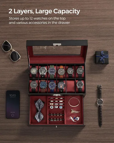 Miniatura 55 de SONGMICS UJWB012 - Caja de reloj de 12 ranuras, caja de reloj con cerradura con tapa de vidrio, 2 capas, con 1 cajón para anillos, pulseras, idea