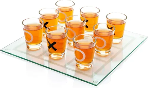 Miniatura 3 de Matty's Toy Stop Tic-Tac-Toe, juego de beber tres en una fila con 9 vasos de chupito y tablero de juego de vidrio (10 x 10 pulgadas)