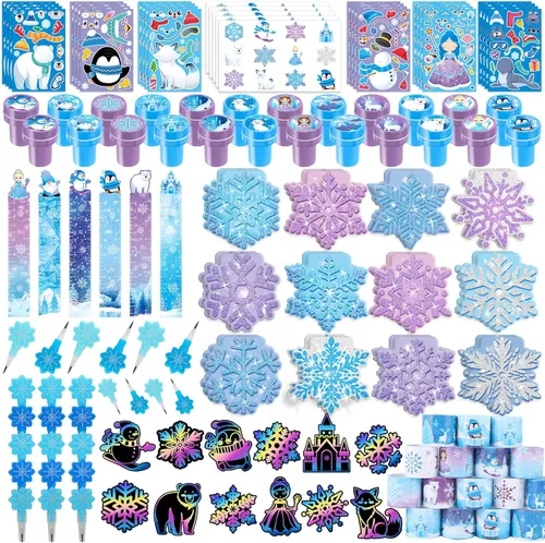 BenLouis - 108 piezas de artículos de papelería escolares temáticos de Frozen para fiesta, invierno, copos de nieve, regalos para aula, premios de