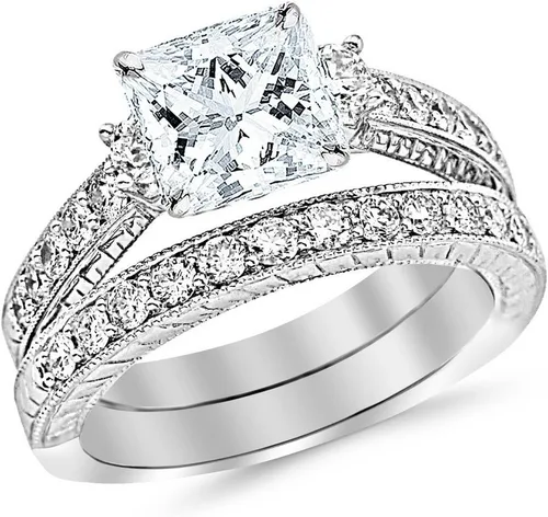 Houston Diamond District Juego nupcial de tres piedras milgrain y filigrana de 2 a 8 quilates de diamantes cultivados en laboratorio con banda de