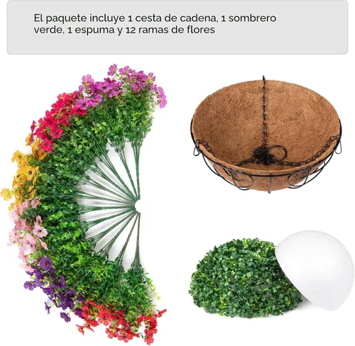 Miniatura 2 de HyeFlora Plantas Colgantes Artificiales Falsas con Flores y Cesta para Decoración Exterior, Arreglos Florales de Seda Sintética de Margaritas