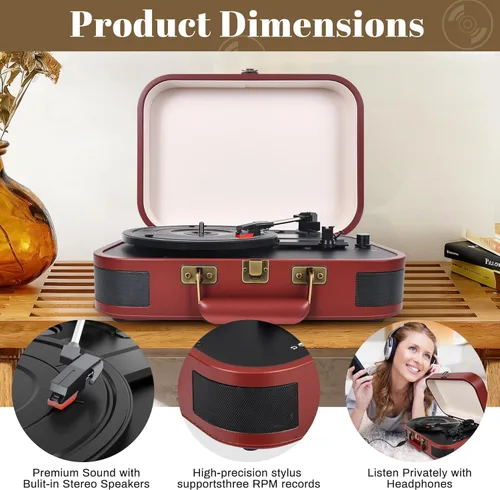 Miniatura 5 de Tocadiscos Vintage Suitcase, tocadiscos portátil Bluetooth de 3 velocidades con altavoces integrados, para discos de vinilo de 7/10/12 pulgadas