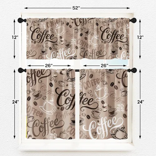 Miniatura 3 de Cortinas de Ventana de Cocina con Temática de Café, Juego de Cenefa y Niveles, Cortina Corta Marrón Estilo Granja con Bolsillo para Varilla