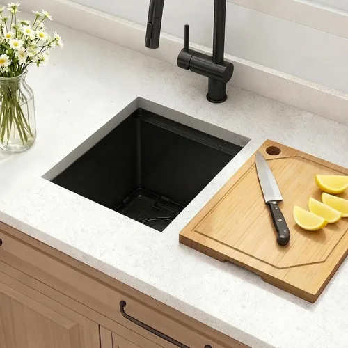 Miniatura 9 de Fregadero de barra de montaje inferior negro, fregadero de cocina de acero inoxidable 304S de calibre 16 con repisa de estación de trabajo