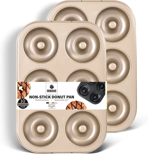 HONGBAKE Moldes antiadherentes para hornear, paquete de 2 bandejas de donas profundas mejoradas de 6 cavidades, molde de bagel resistente para Dorado