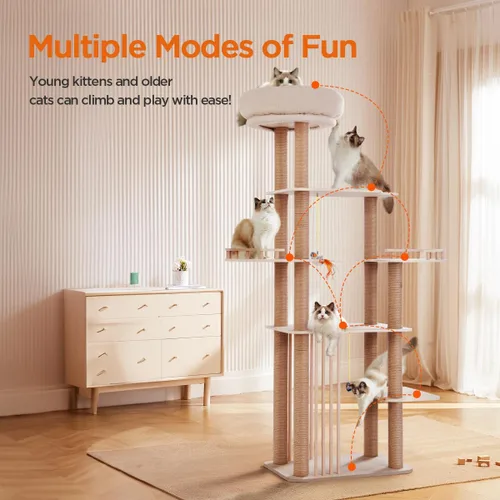 Miniatura 4 de Árbol grande para gatos de 68 pulgadas, torre para gatos de varios niveles de madera maciza con postes rascadores, juguetes divertidos y plataforma