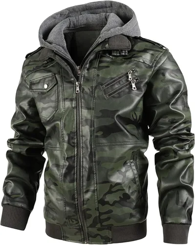 Miniatura 4 de Maiyifu-GJ Chaqueta de cuero sintético de camuflaje para hombre, chaqueta de moto cálida con capucha extraíble de poliuretano para motocicleta, Azul