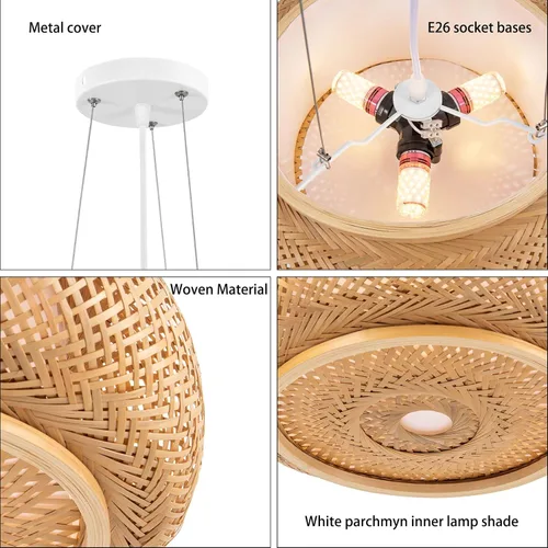 Miniatura 5 de Lámpara colgante de bambú tejida a mano, lámpara de ratán de una sola luz, tejido de madera natural, accesorio colgante de techo con cable ajustable