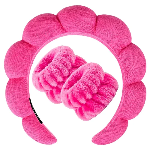 Miniatura 29 de Zkptops Diadema de Spa para Lavar la Cara Muñequera Esponja Maquillaje Cuidado de la Piel Diadema de Tela de Rizo Burbuja Suave Prepárate Diadema