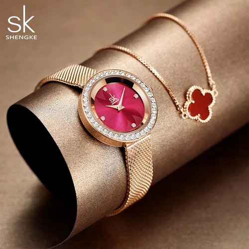 Miniatura 5 de SHENGKE Reloj de mujer de lujo analógico de cuarzo de moda de cuarzo para mujer, reloj impermeable para mujer Relogio Feminino, K0169-rosa rojo