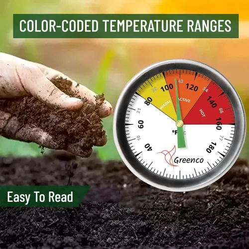 Miniatura 5 de Termómetro de suelo de compostaje de Greenco, acero inoxidable, esfera de temperatura Celsius y Fahrenheit, vástago de 20 pulgadas
